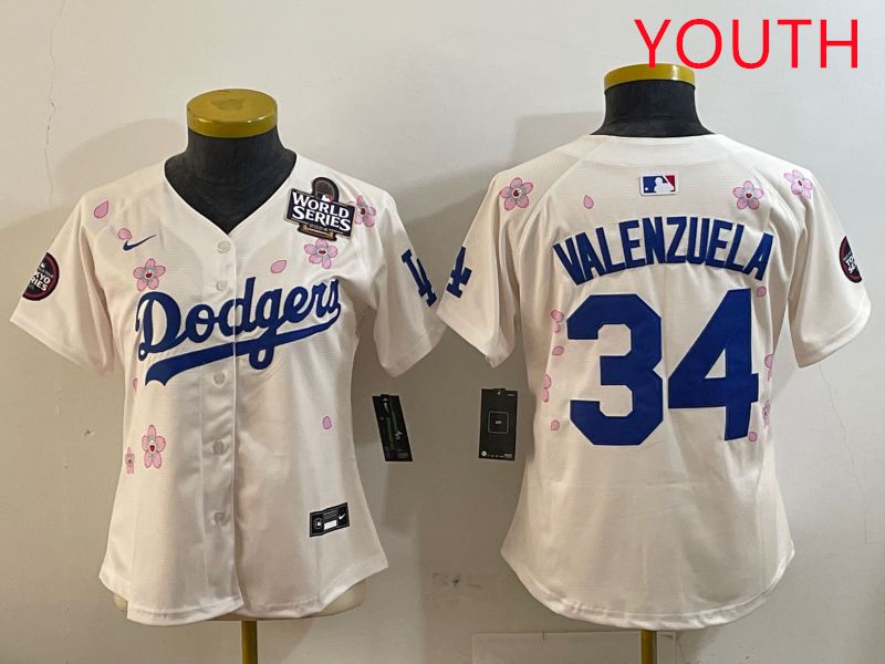 Youth Los Angeles Dodgers #34 Valenzuela Cream Sakura Edition 2025 Nike MLB Jersey style 2